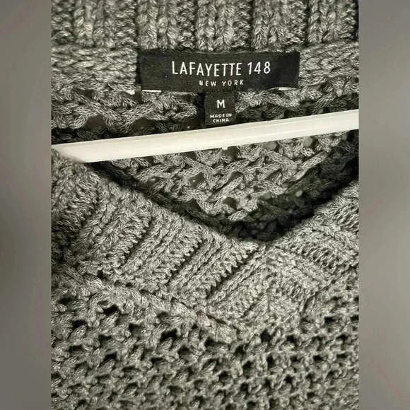 Lafayette 148 Gray Heavy Cotton Open Knit Chunky Short Sleeve V Neck Sweater - Picture 3 of 7